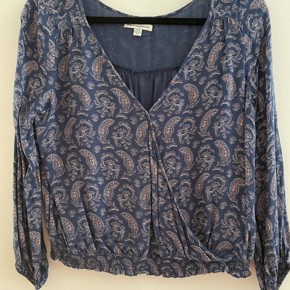 American Eagle Paisley Navy Print Blouse
